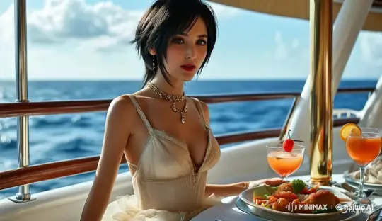 Elegant Woman Enjoying a Serene Dining Experience on a Ship – AI Generated Video | Hailuo AI