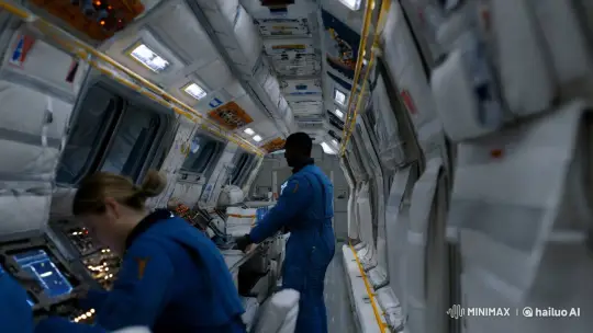 Astronauts at Work in Spacecraft with Intense Focus – AI Generated Video | Hailuo AI