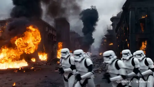 Stormtroopers Advance Through War-Torn Cityscape – AI Generated Video | Hailuo AI