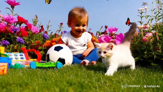 Child and Kitten Play in Sunlit Garden – AI Generated Video | Hailuo AI