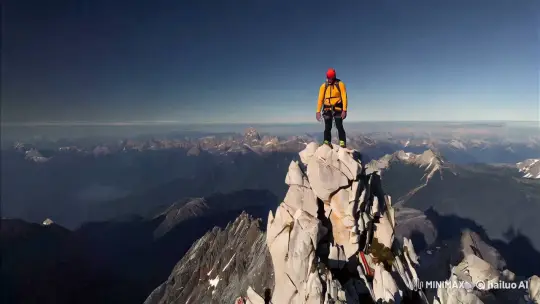 Climber on Peak with Expansive Mountain View – AI Generated Video | Hailuo AI