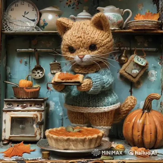 Cozy Kitchen: Knitted Cat Holds Warm Pie – AI Generated Video | Hailuo AI