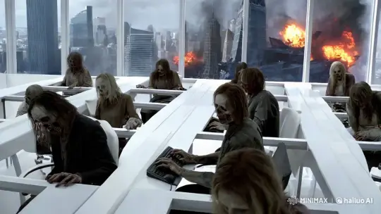 Zombie Office Workers Amidst Dystopian Cityscape – AI Generated Video | Hailuo AI