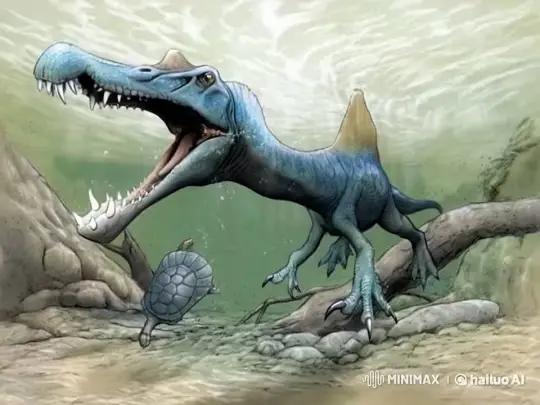 Spinosaurus Hunting Turtle in Prehistoric Estuary Scene – AI Generated Video | Hailuo AI