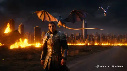 Warrior Escapes Burning City Amidst Mythical Sky Battle – AI Generated Video | Hailuo AI