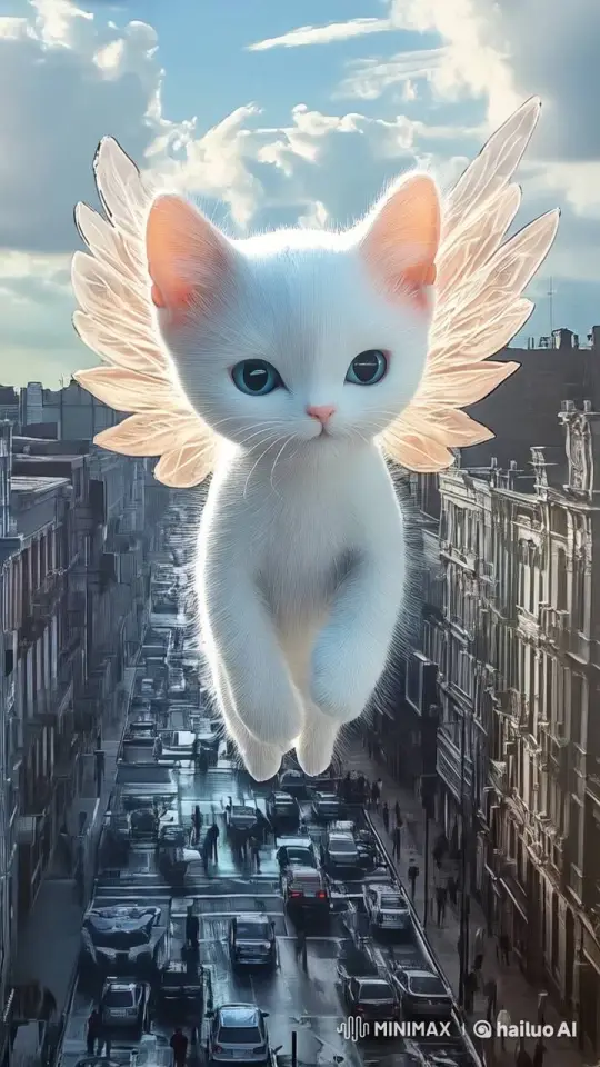 Magical Winged Cat Over Cityscape – AI Generated Video | Hailuo AI