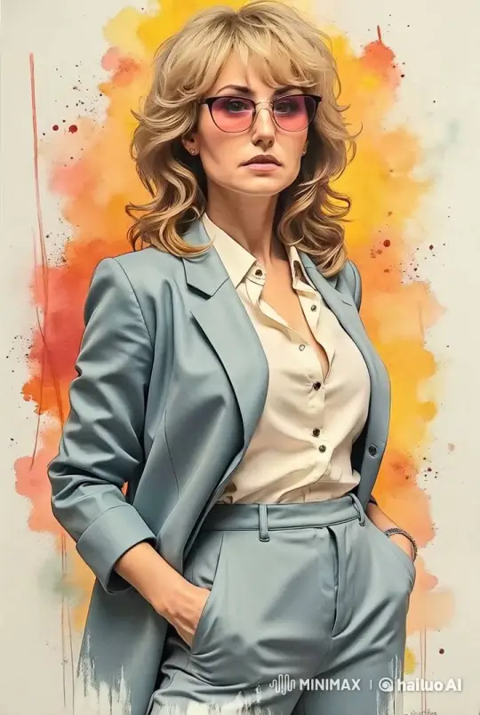 Woman in Blue Suit with Fiery Text Display – AI Generated Video | Hailuo AI