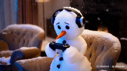 Snowman Playing Video Game in Cozy Lounge – AI Generated Video | Hailuo AI