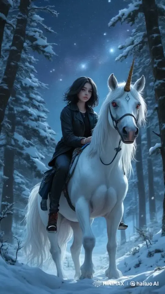 Girl and Unicorn's Enchanted Night Ride in Snowy Forest – AI Generated Video | Hailuo AI