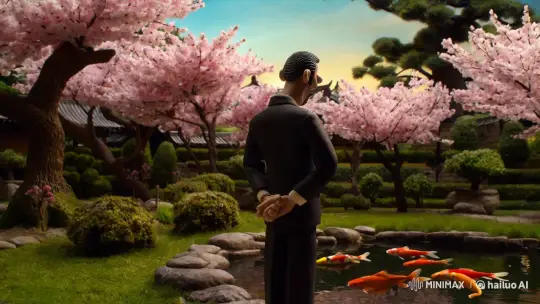 Yakuza Oyabun Reflects in Serene Garden Cinematic Noir – AI Generated Video | Hailuo AI