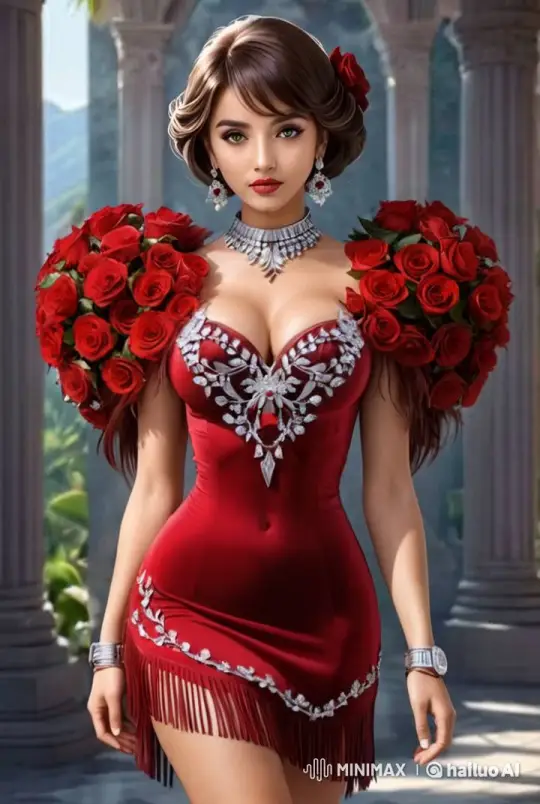 Woman in Red Dress with Roses Amidst Columns – AI Generated Video | Hailuo AI