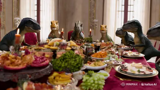 Anthropomorphic Dinosaurs Feast in Opulent Grandeur – AI Generated Video | Hailuo AI