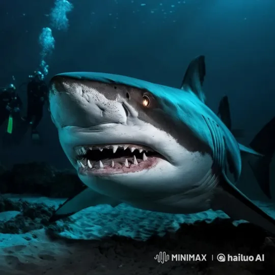 Underwater Encounter: Scuba Divers Observe Majestic Shark – AI Generated Video | Hailuo AI