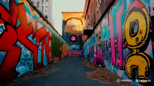 Vibrant Alley Graffiti with Skating Figures and Nostalgic Clock – AI Generated Video | Hailuo AI