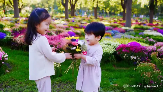 Children's Serenade in a Flower-Filled Park – AI Generated Video | Hailuo AI