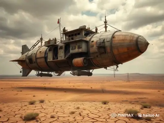 Rustic Airship Ascends Over Barren Desert Sky – AI Generated Video | Hailuo AI