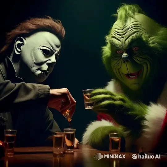 Michael Myers and the Grinch: Unlikely Drinking Buddies – AI Generated Video | Hailuo AI