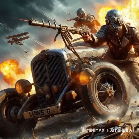 Vintage Vehicle Speeds Through Warzone in Intense Battle – AI Generated Video | Hailuo AI