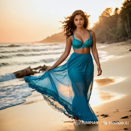 Serene Sunset Walk: Young Woman on the Beach – AI Generated Video | Hailuo AI