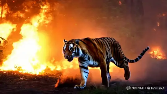 Tiger Escapes Through Burning Forest in Dramatic Scene – AI Generated Video | Hailuo AI