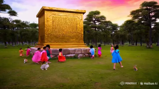 Golden Monument Amidst Playful Children and Nature – AI Generated Video | Hailuo AI