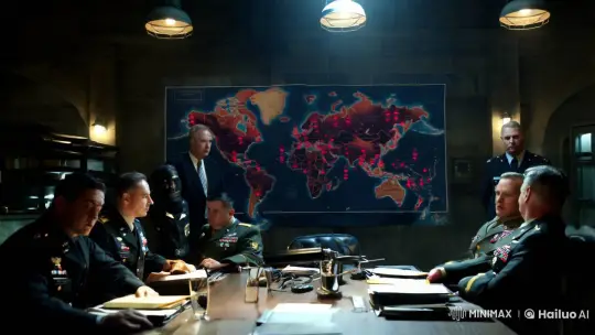Military Leaders Debate Amidst WW3 Tension in Dimly Lit War Room – AI Generated Video | Hailuo AI