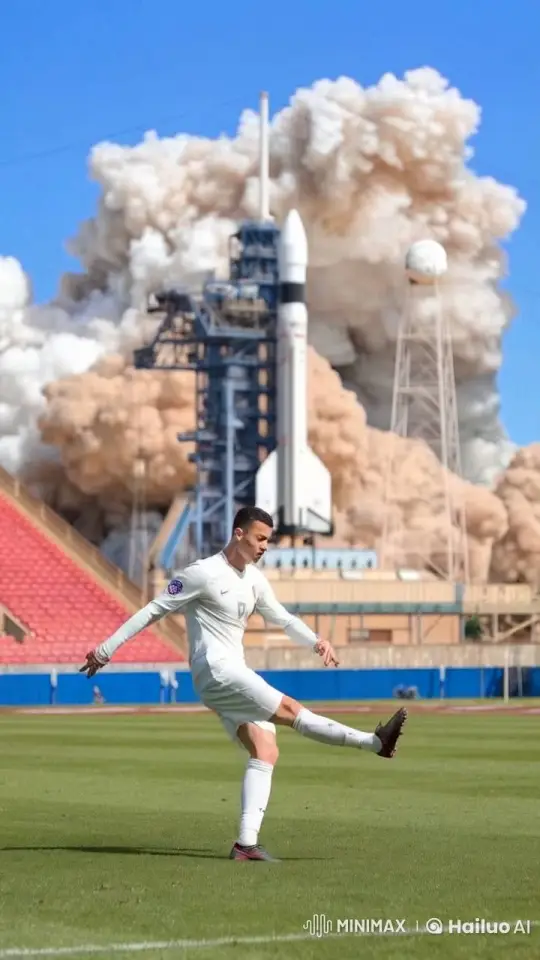 Footballer Kicks Ball Amid Rocket Launch Background – AI Generated Video | Hailuo AI