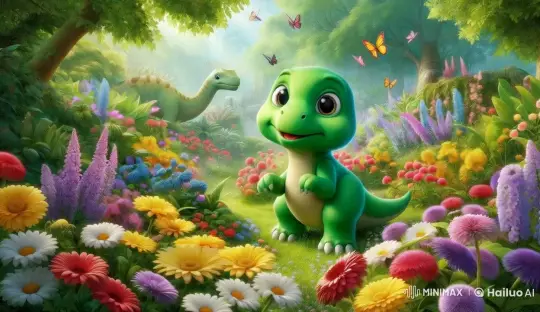 Baby Dinosaur Explores Peaceful Flower Garden – AI Generated Video | Hailuo AI