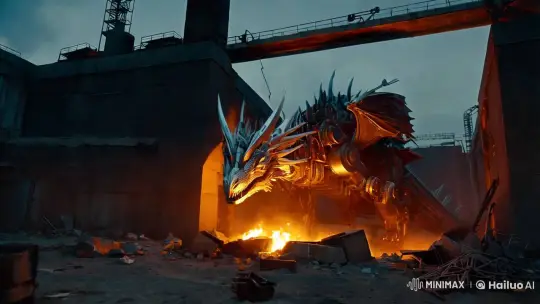 Mechanical Dragon Emerges from Industrial Ruins – AI Generated Video | Hailuo AI