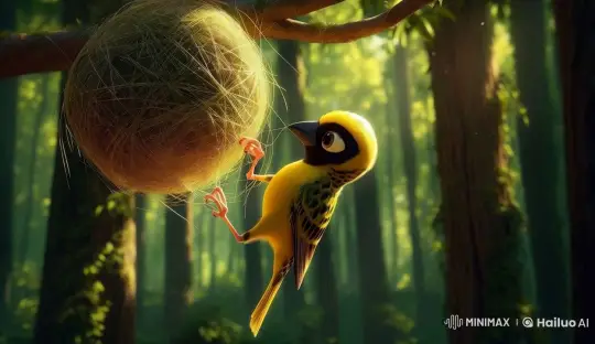 Bird Skillfully Weaves Nest in Sunlit Forest – AI Generated Video | Hailuo AI