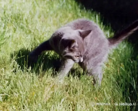 Curious Gray Cat Stalks Prey on Green Lawn – AI Generated Video | Hailuo AI