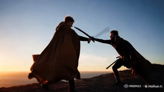 Dramatic Sunset Duel: Tension and Aesthetic Suspense – AI Generated Video | Hailuo AI