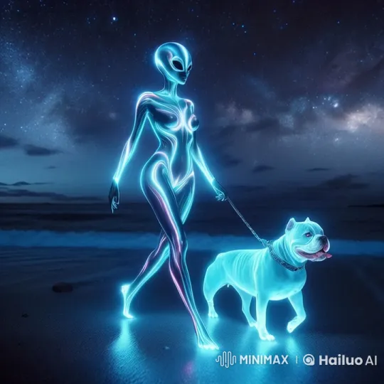 Alien Woman and Iridescent Bully Stroll Under Starry Night – AI Generated Video | Hailuo AI