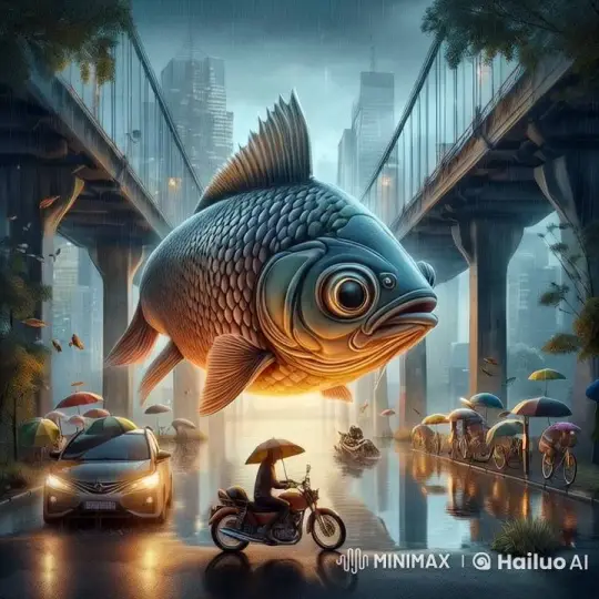 Futuristic Urban Scene with Swimming Fish Above Rainy Streets – AI Generated Video | Hailuo AI