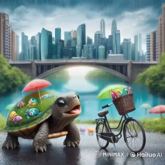 Vibrant Turtle with Tiny Umbrellas Crosses Rainy City Bridge – AI Generated Video | Hailuo AI