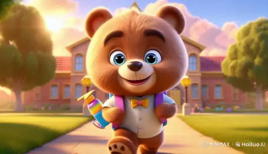 Animated Bear Cub Joyfully Walks in Sunny Schoolyard – AI Generated Video | Hailuo AI