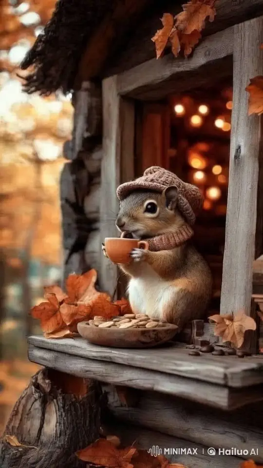 Autumn Coziness: Squirrel Sips Drink at Cabin Window – AI Generated Video | Hailuo AI