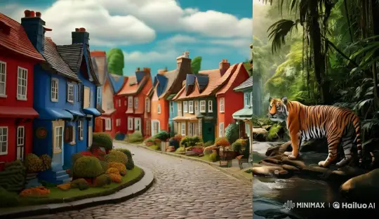 Tiger Explores Picturesque Village Street – AI Generated Video | Hailuo AI