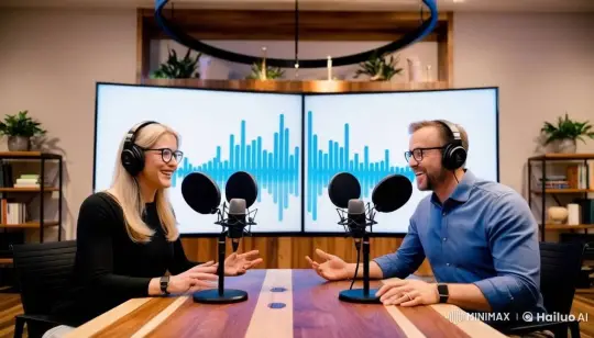Modern Podcast Studio with Engaging Hosts – AI Generated Video | Hailuo AI