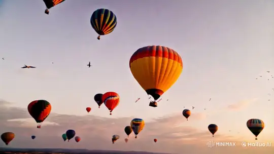 Vivid Aerial Display of Hot Air Balloons at Dawn – AI Generated Video | Hailuo AI