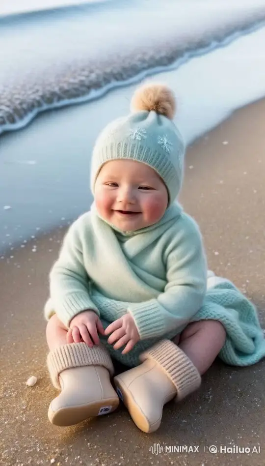 Baby's Tranquil Beach Play Captured on Video – AI Generated Video | Hailuo AI