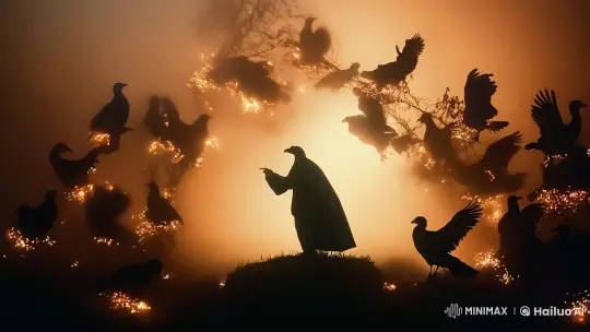 Mystical Figure Commands Enchanted Birds in Dreamy Scene – AI Generated Video | Hailuo AI
