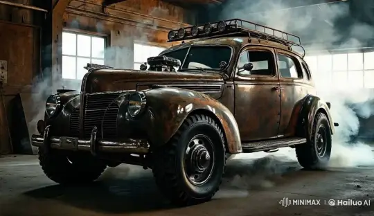 Rustic Off-Road Car in Industrial Garage Setting – AI Generated Video | Hailuo AI