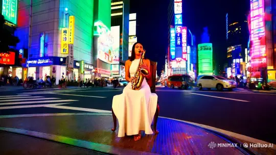 Elegant Woman Plays Sax Amidst Neon Tokyo Nightscape – AI Generated Video | Hailuo AI