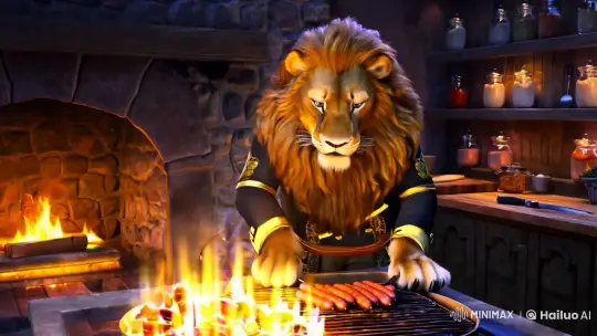 Regal Lion Chef Grills Sausages in Enchanted Kitchen – AI Generated Video | Hailuo AI