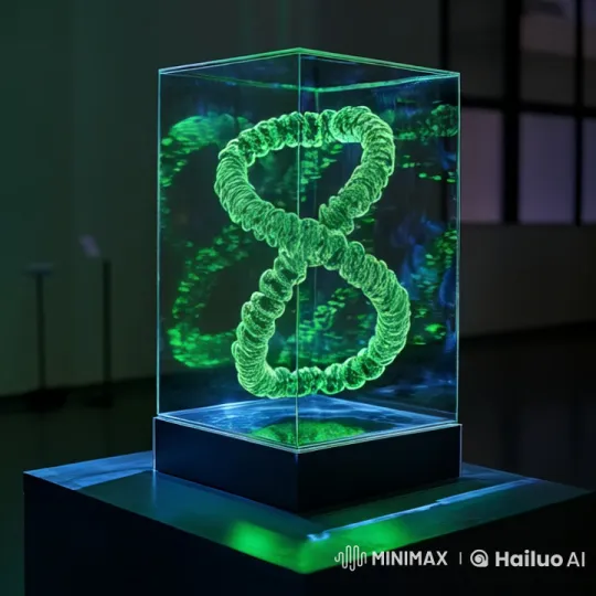 Giant Alien DNA Chain Exhibit Glows in Dark Hall – AI Generated Video | Hailuo AI