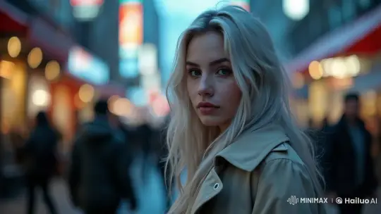 Introspective Woman Amidst Bustling City Streets – AI Generated Video | Hailuo AI
