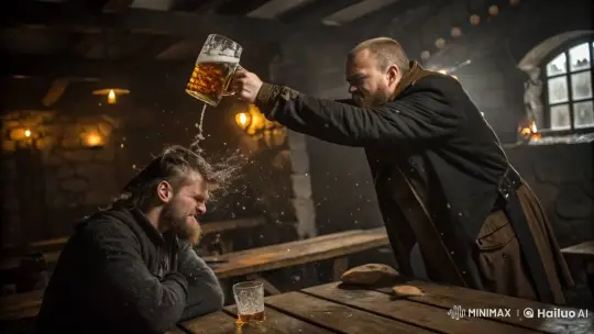 Rustic Tavern Confrontation with Dramatic Beer Spill – AI Generated Video | Hailuo AI