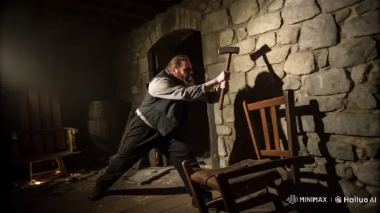 Man Smashes Chair in Dim Tavern, Angst in Fantasy Setting – AI Generated Video | Hailuo AI
