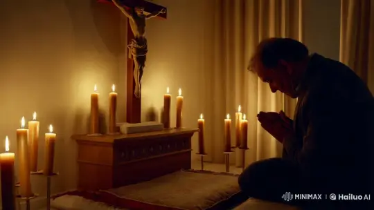Middle-Aged Man Prays by Candlelight in Intimate Film Scene – AI Generated Video | Hailuo AI